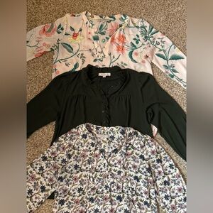 LOFT Bundle of Floral and Solid Blouse Trio - Green, Pink, White